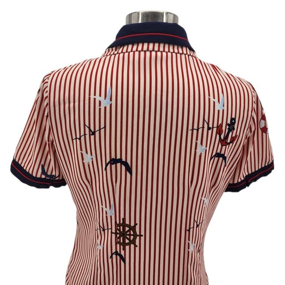 Hell Bunny Womens Medium Top Avery Blouse Sailboat Birds Striped Pinup Retro Red - Picture 5 of 11